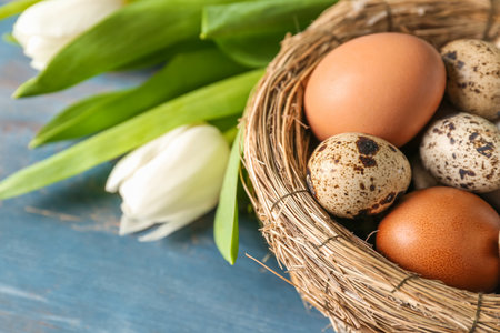 Nest with Easter eggs on blue wooden background, closeupの写真素材