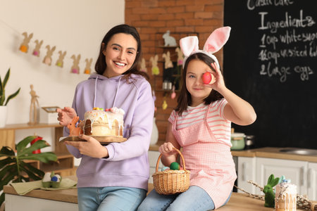 Little girl and her mother with Easter cakes in the kitchen