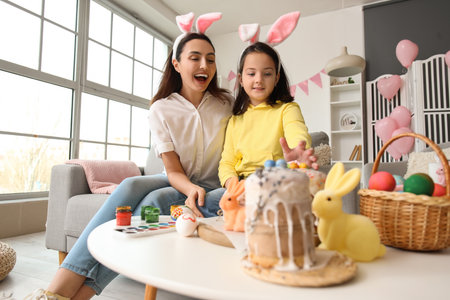 Little girl and her mother in bunny ears celebrating Easter at homeの写真素材