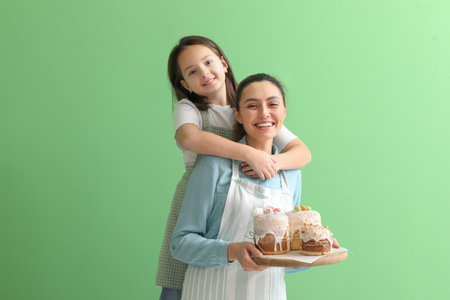 Beautiful woman and her little daughter with Easter cakes on green backgroundの写真素材
