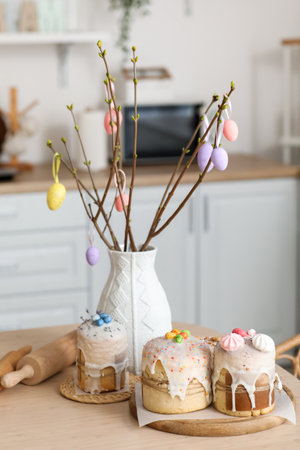 Vase with tree branches and tasty Easter cakes on dining table in kitchenの写真素材