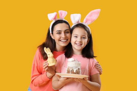 Beautiful woman and her little daughter in bunny ears with Easter cake and rabbit on yellow...