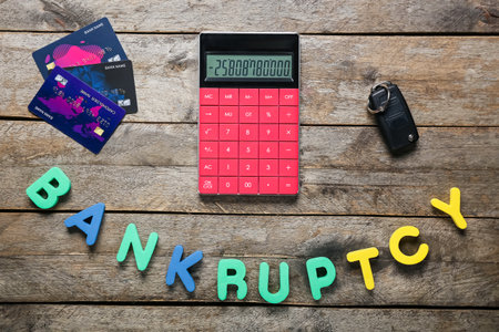 Calculator with credit cards, car key and word BANKRUPTCY on wooden backgroundの写真素材