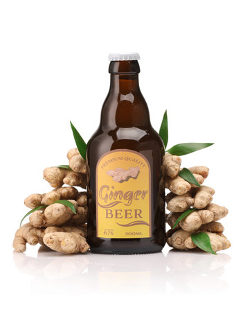 Bottle of fresh ginger beer on white backgroundの写真素材