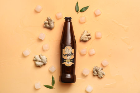 Bottle of fresh ginger beer on color background
