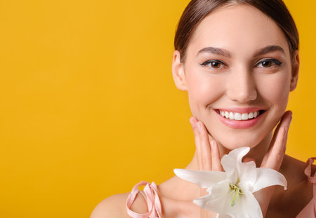 Beautiful young woman with fresh lily on color backgroundの写真素材