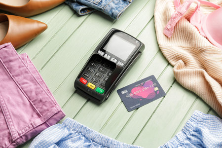 Payment terminal with credit card and clothes on color wooden background