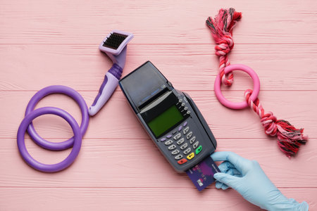 Female hand with credit card, payment terminal and pet care accessories on color wooden backgroundの写真素材