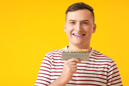 Young man with teeth color chart on yellow backgroundの写真素材