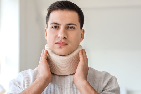 Young man with cervical collar on neck at home