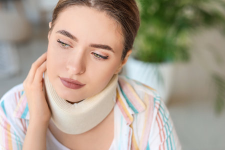 Young woman with cervical collar on neck at homeの写真素材