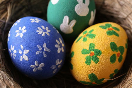Nest with painted Easter eggs, closeup