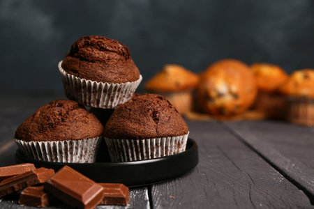 Plate of tasty chocolate muffins on dark wooden backgroundの写真素材