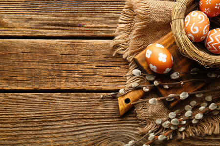 Board with nest of Easter eggs and willow branches on wooden background