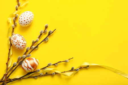 Composition with beautiful Easter eggs and willow branches on yellow background
