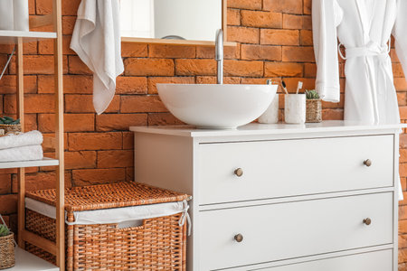 Chest of drawers with sink and holders in modern bathroom