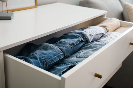 Open drawer with folded clothes in room, closeup