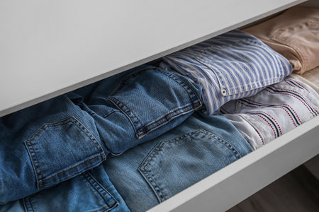 Open drawer with folded clothes in room, closeupの写真素材