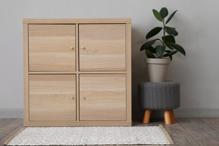 Wooden chest of drawers, pouf with houseplant and rug near gray wallの写真素材