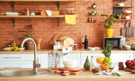 Cooking utensils and products on table in modern kitchenの写真素材