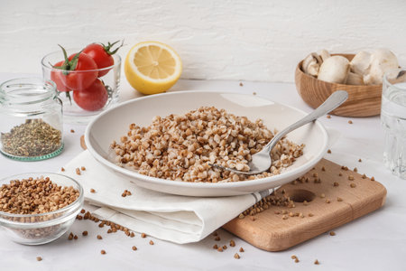 Board with plate of tasty buckwheat porridge on white tableの写真素材