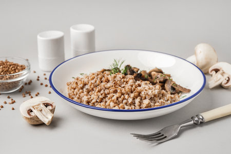 Plate of tasty buckwheat porridge with mushrooms and dill on gray backgroundの写真素材