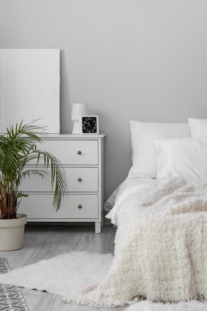 Interior of white bedroom with drawers and palm treeの写真素材