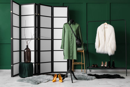 Interior of fashion designer's studio with mannequin, clothes and folding screenの写真素材