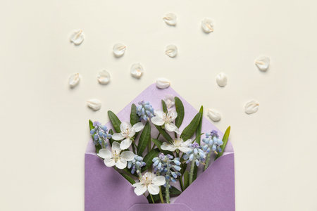 Composition with envelope and beautiful spring flowers on white backgroundの写真素材
