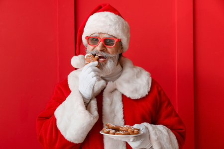 Santa Claus with tasty gingerbread cookies on color backgroundの写真素材