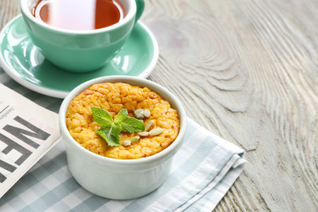 Tasty pumpkin pudding on tableの写真素材