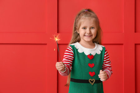 Cute little girl with Christmas sparkler on color backgroundの写真素材