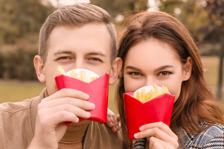 Young couple eating french fries in parkの写真素材