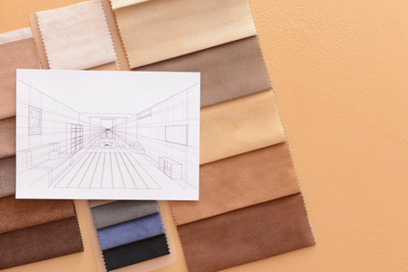 House plan and fabric samples on color backgroundの写真素材