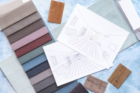 House plans and fabric samples on color background