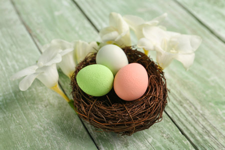 Nest with beautiful Easter eggs and freesia flowers on color wooden background