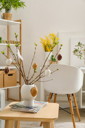 Vase with tree branches, Easter eggs and magazines on table in room