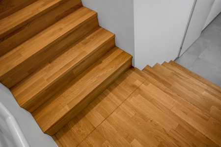 View of wooden stairs in modern buildingの写真素材