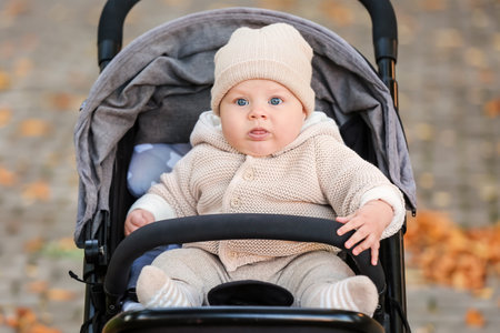 Cute funny baby in stroller outdoors