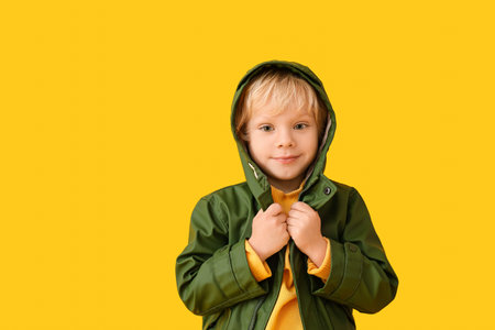 Cute little boy in autumn clothes on color backgroundの写真素材