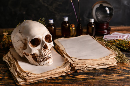 Accessories of fortune teller on tableの写真素材