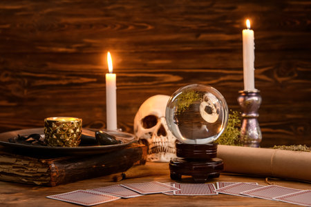 Accessories of fortune teller on tableの写真素材