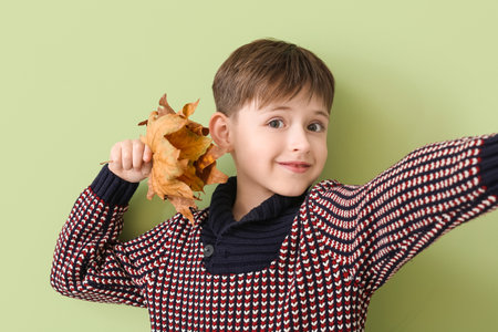 Cute little boy with autumn leaves taking selfie on color backgroundの写真素材