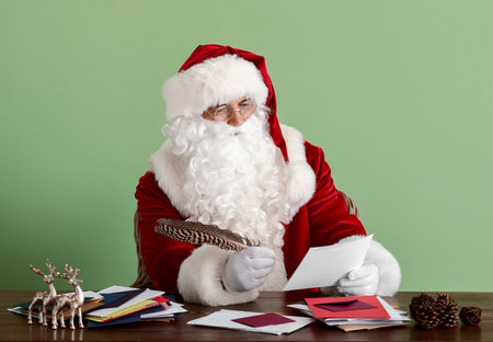 Santa Claus making list of gifts on color backgroundの写真素材