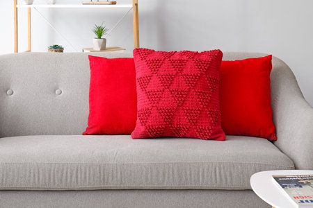 Red pillows on gray sofa in living roomの写真素材