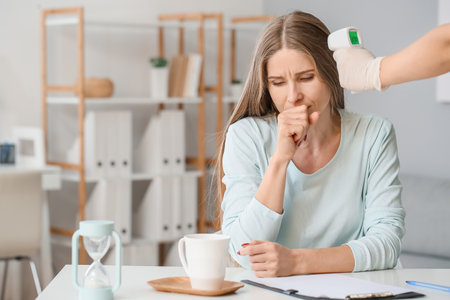 Measuring of woman's temperature in office. Coronavirus epidemic