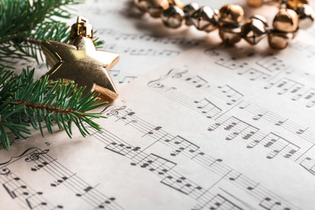 Note sheets and Christmas decor on table, closeupの写真素材