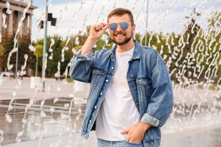 Handsome man with stylish sunglasses outdoorsの写真素材
