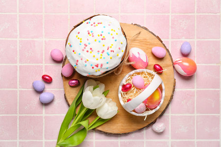 Composition with tasty Easter cake, painted eggs and tulip flowers on color tile background