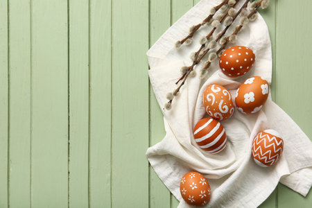 Beautiful Easter eggs and willow branches on color wooden backgroundの写真素材